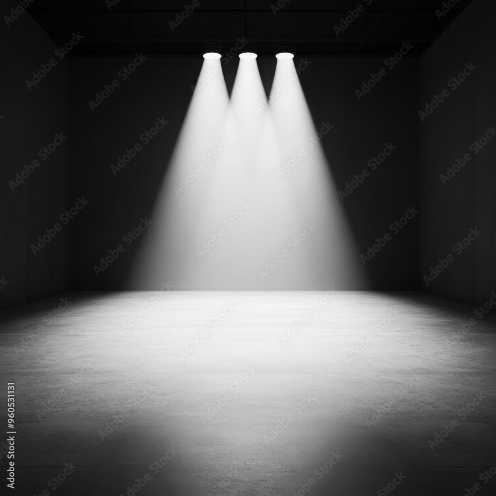 Obraz premium Monochrome Spotlight: A single, powerful spotlight in stark white creates a dramatic and focused effect on a minimalist stage