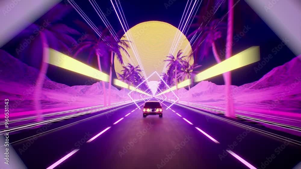 Car And City In Neon Style. 80S Retro Wave Background 3D Animation. Retro Futuristic Car Drive Through Neon City