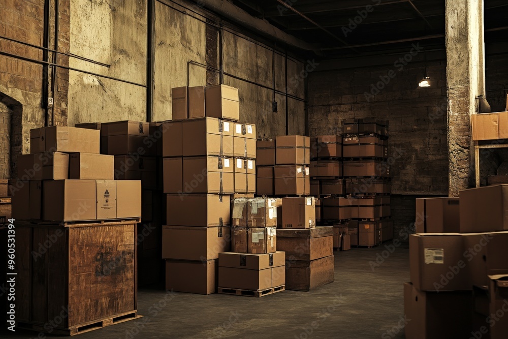 Three boxes stacked on top of each other in a warehouse, generative ai image Three boxes stacked on top of each other in a warehouse, generative ai image