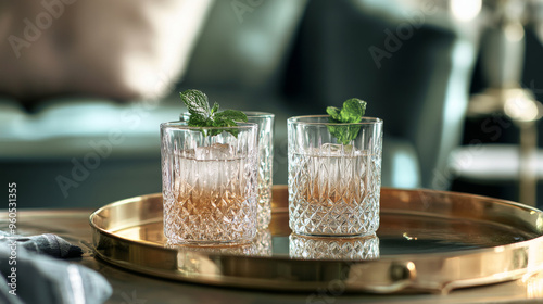 cocktail glasses on a gold tray, adding elegance to a home setting. 