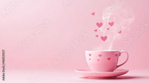 Pink hearts rising as steam from a hot drink in a cup on a pastel pink background. Love-themed. 