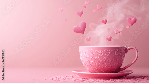 Pink hearts rising as steam from a hot drink in a cup on a pastel pink background. Love-themed. 