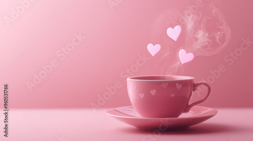 Pink hearts rising as steam from a hot drink in a cup on a pastel pink background. Love-themed. 