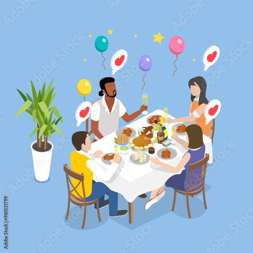 3D Isometric Flat Vector Illustration of Family Reuniting, Friends and Hugs, Festive Season