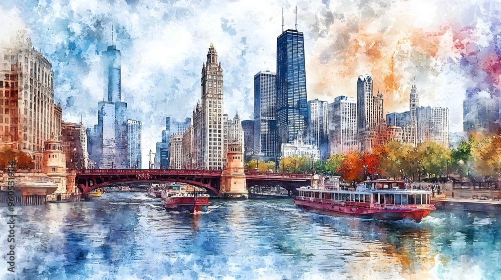 Fototapeta premium Vibrant Impressionistic Cityscape of Chicago Riverwalk with Boats and Bridges