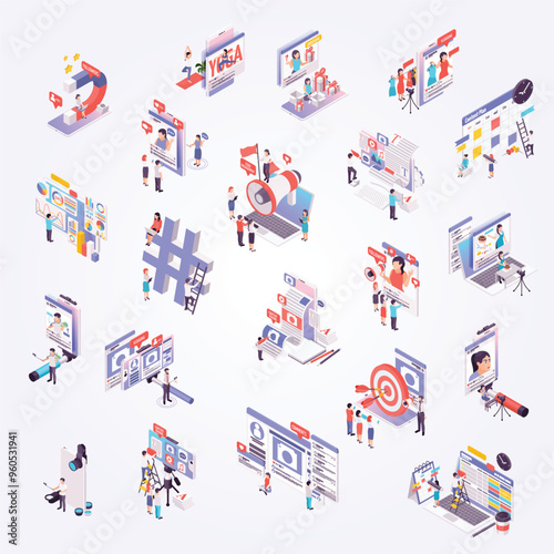 Blogging and vlogging isometric icons set of people making internet content for blog or vlog vector illustration