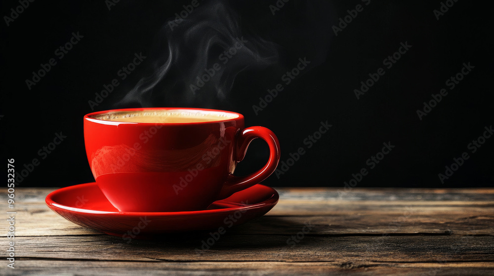 Red cup of hot steaming coffee on a wooden table against a black backdrop. Red cup of hot steaming coffee on a wooden table against a black backdrop.