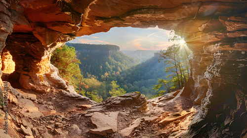 Beautiful scenic summer landscape view of Mezmay village from inside a weird rocky grotto in Caucasus mountains, Lenina Rock shelf, Russia, Mezmay village, Caucasus mountains, scenic summer landscape
 photo