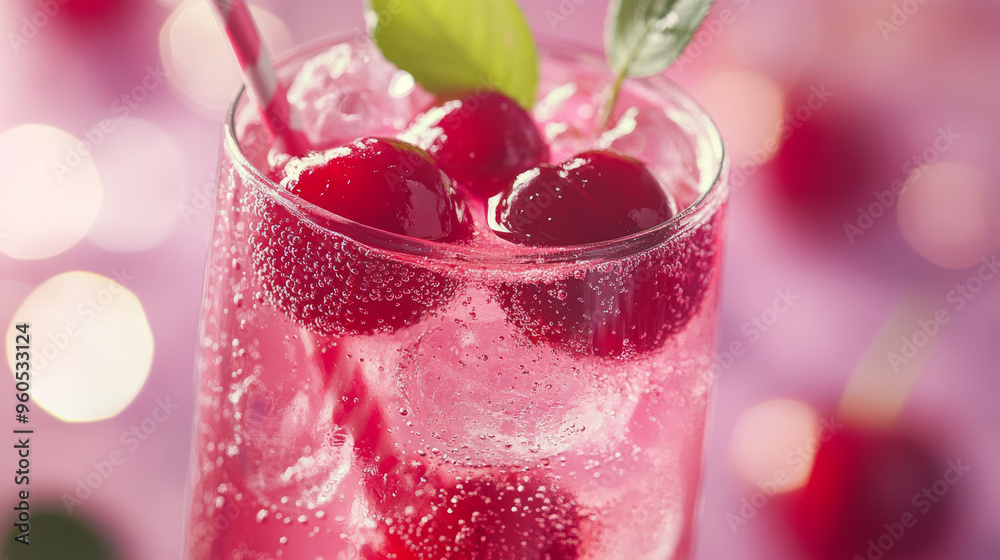 Sparkling sweet cherries in a pink beverage, a festive drink perfect for parties. Sparkling sweet cherries in a pink beverage, a festive drink perfect for parties.