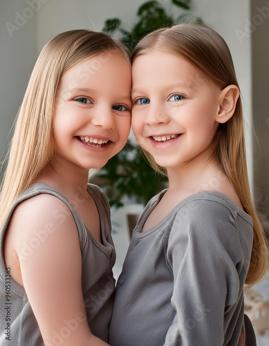 Two smiling little girl sisters twins, dressed in matching gray outfits, stand close together indoors. Their joyful expressions and long blonde hair highlight a sense of warmth and sisterly bond photo