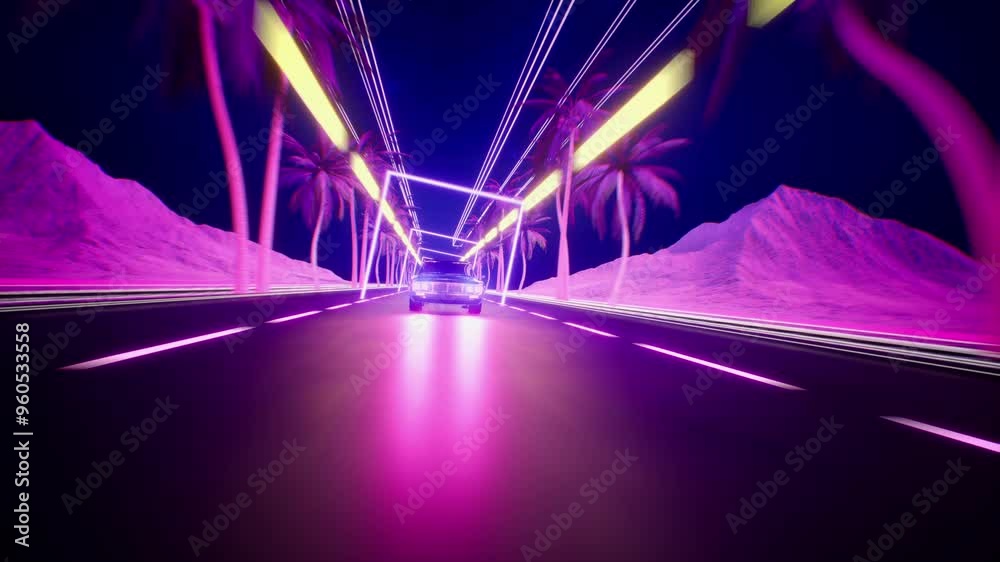 Car And City In Neon Style. 80S Retro Wave Background 3D Animation ...