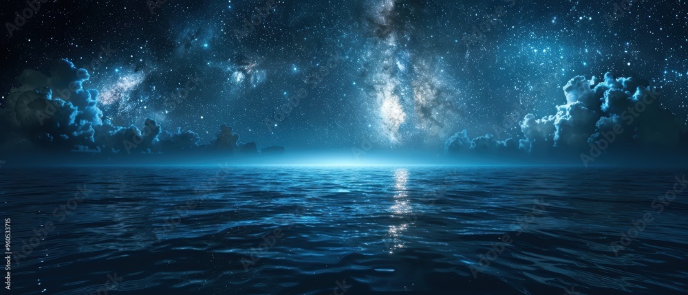 Serene Night: Starlit Sky above Tranquil Ocean with Milky Way View Serene Night: Starlit Sky above Tranquil Ocean with Milky Way View