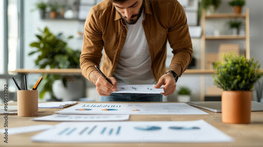 Entrepreneur reviewing a detailed business plan with graphs and charts, business strategy visualization Entrepreneur reviewing a detailed business plan with graphs and charts, business strategy visualization