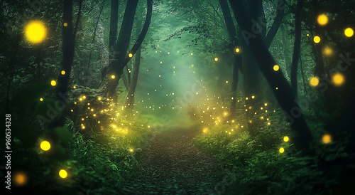 Uma visão hipnotizante de luzes cintilantes e vaga-lumes em uma floresta escura, criando uma atmosfera mágica e etérea, trazendo à tona as maravilhas noturnas da natureza. photo