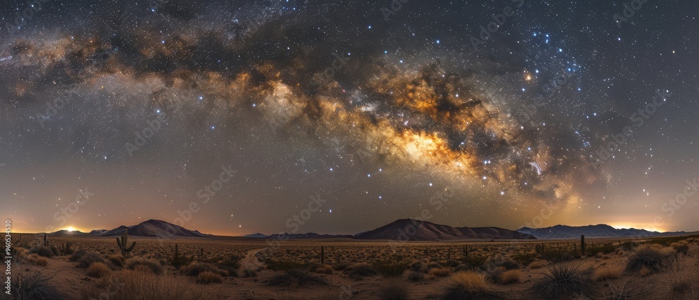 Fototapeta premium Illuminated Night: The Radiant Core of the Milky Way shining above a Desert Landscape
