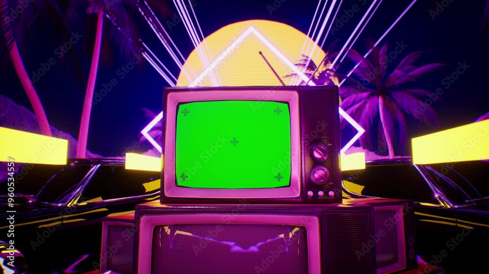 Car, Tv Green Screen And City In Neon Style. 80S Retro Wave Background ...