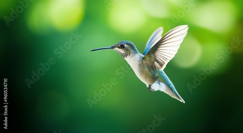 Uma foto impressionante de um beija-flor colorido em pleno voo contra um fundo verde lindamente desfocado, exibindo suas penas delicadas e movimento dinâmico das asas