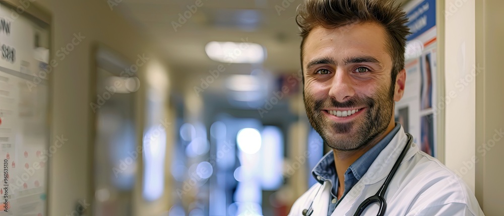 Confident Doctor With Stethoscope Smiles in Hospital Corridor
