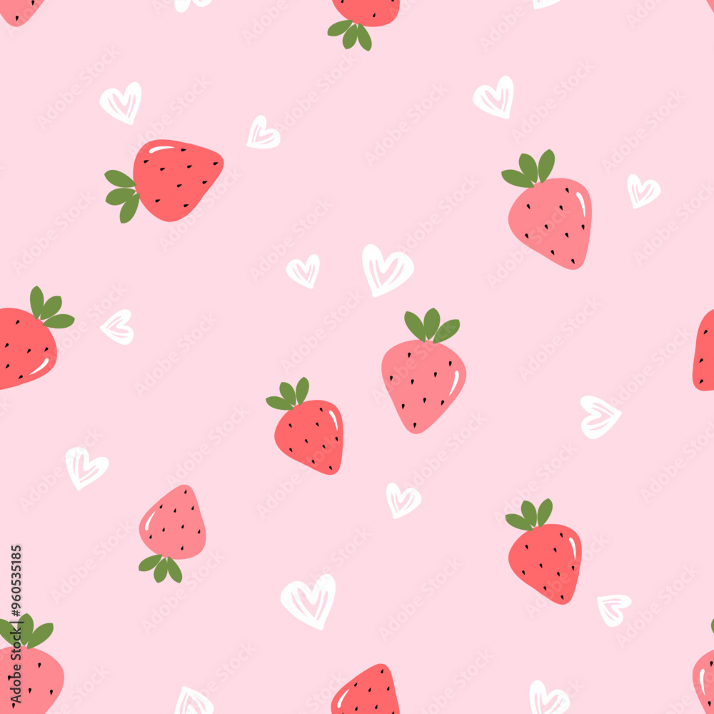 Seamless pattern of strawberry with green leaves and hand drawn hearts on pink background vector. Cute fruit print. Seamless pattern of strawberry with green leaves and hand drawn hearts on pink background vector. Cute fruit print.