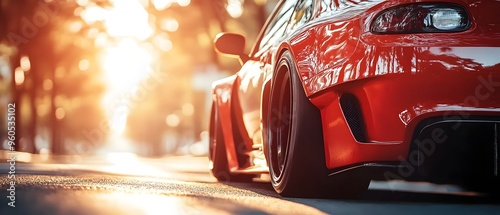 image of a red Japanese domestic market JDM sports car speeding down a dusk lit street showcasing the excitement and passion of touge racing enthusiasts  The car s sleek photo