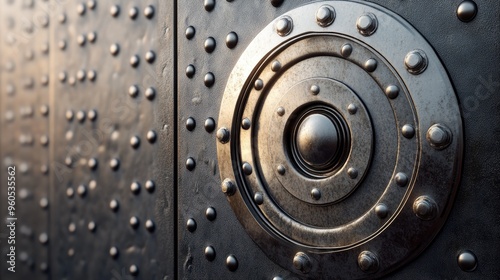 A detailed close up of a circular metal fixture mounted on a door