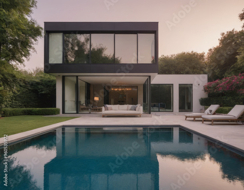 Casa contemporanea con ampie finestre e piscina che si estende lungo il lato della proprietà.
 photo