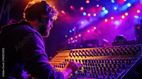 Live concert sound engineer adjusting mixers while band plays under colorful lighting setup