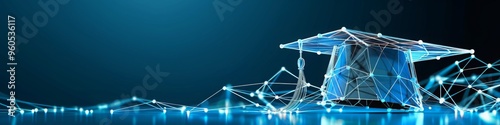 Digital graduation cap icon in low poly wireframe,education technology and e-learning platforms, optimizing learning experiences and enhancing academic achievement. 