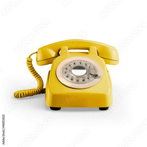 Vintage yellow telephone from the 70s as a concept of contact, communication and answering customers, with transparent background and shadow