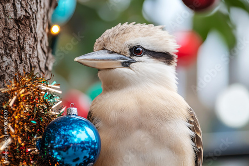 Festive Kookaburra Cheer: A kookaburra perches near shimmering Christmas ornaments, bringing a touch of Aussie charm to the holiday season. 