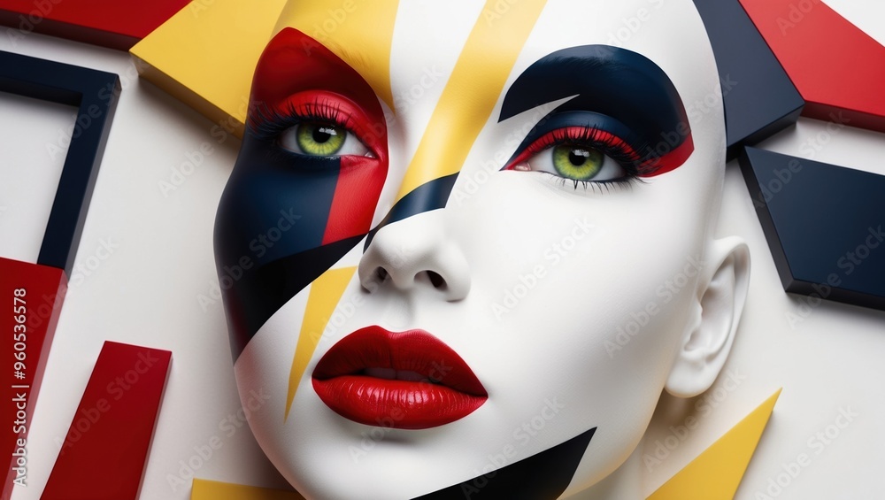 A model displays an avant-garde makeup style with vibrant colors and sharp geometric patterns, exuding a captivating allure and artistic flair A model displays an avant-garde makeup style with vibrant colors and sharp geometric patterns, exuding a captivating allure and artistic flair