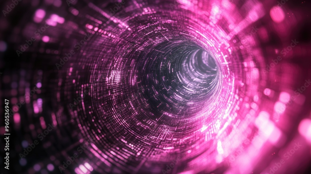 Pink digital matrix background depicting distorted cyberspace Falling characters in a wormhole Concept of hacking and virtual reality with complex algorithm data and digital sparks Pink digital matrix background depicting distorted cyberspace Falling characters in a wormhole Concept of hacking and virtual reality with complex algorithm data and digital sparks
