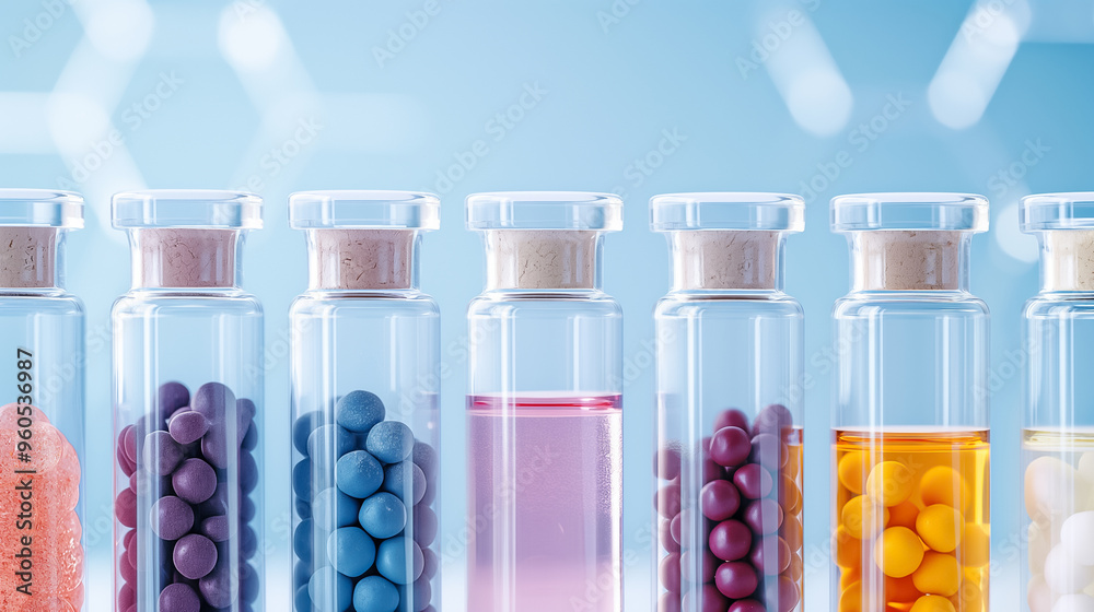 A series of glass vials containing colorful powders and liquids are arranged neatly against a blue backdrop, showcasing the variety of substances typically used in scientific experiments A series of glass vials containing colorful powders and liquids are arranged neatly against a blue backdrop, showcasing the variety of substances typically used in scientific experiments