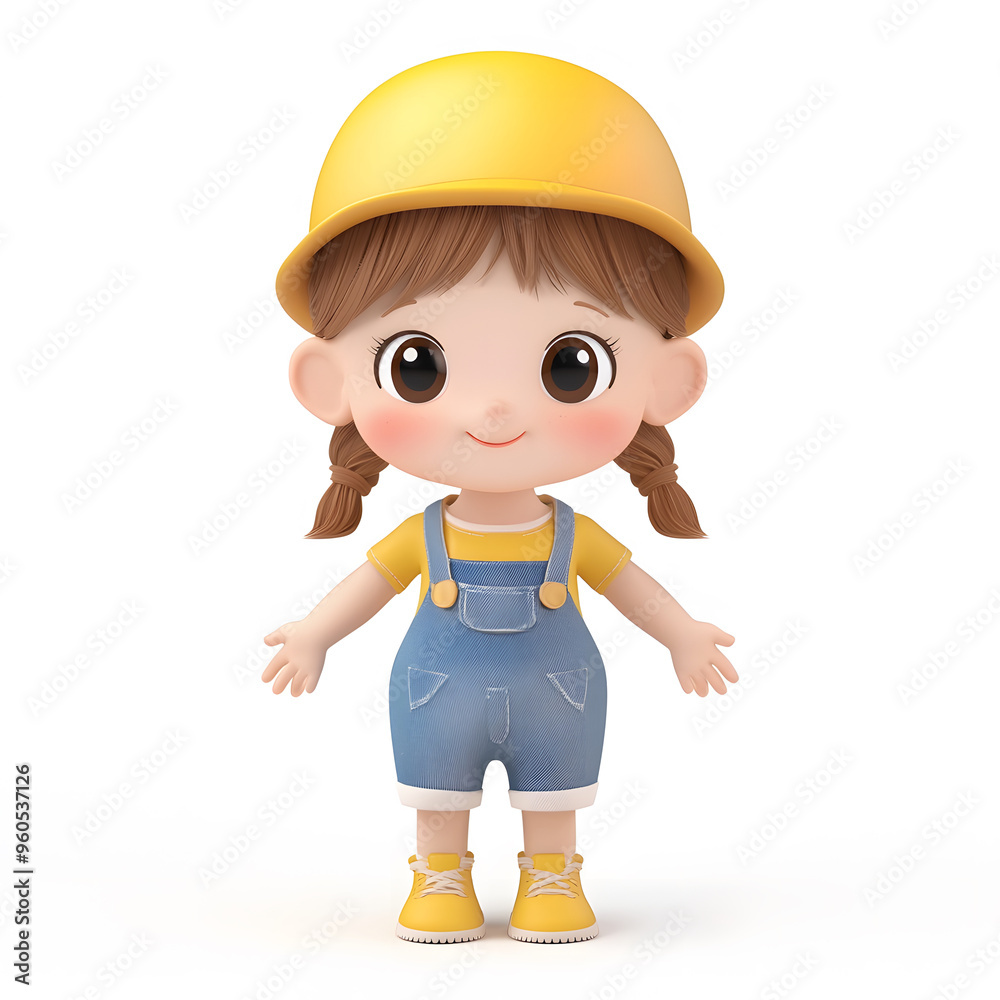 Cute little farmer girl cartoon wearing hat and overalls with a smile, white background. Cute little farmer girl cartoon wearing hat and overalls with a smile, white background.