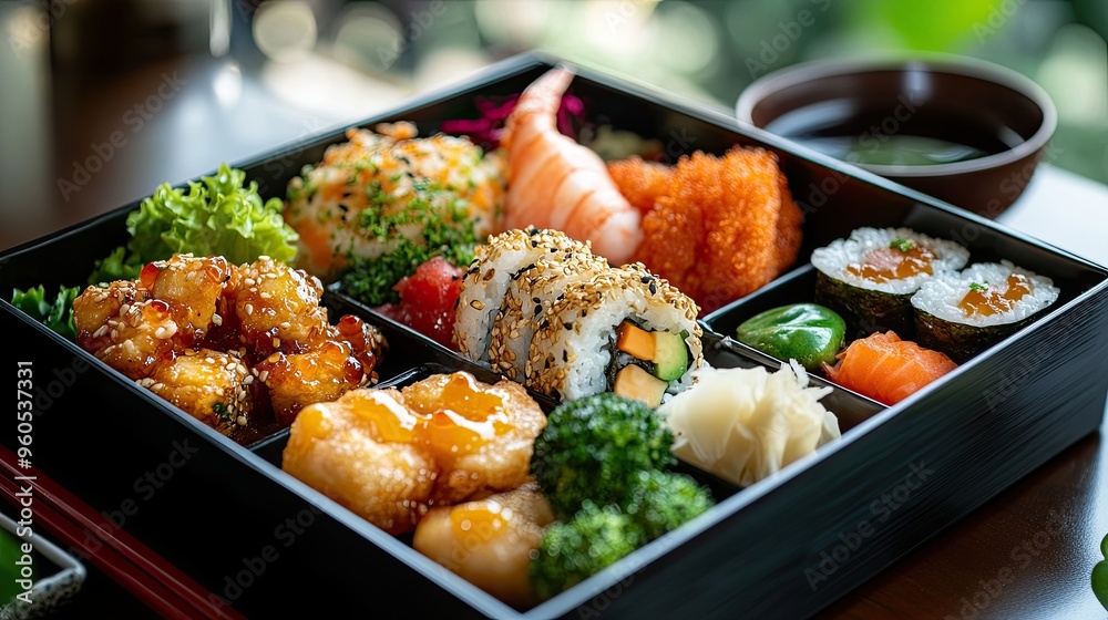 Detailed view of a beautifully plated bento box, diverse and colorful, balanced meal Detailed view of a beautifully plated bento box, diverse and colorful, balanced meal