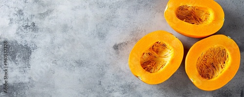 Three halves of butternut squash sit on a simple gray background with copy space photo