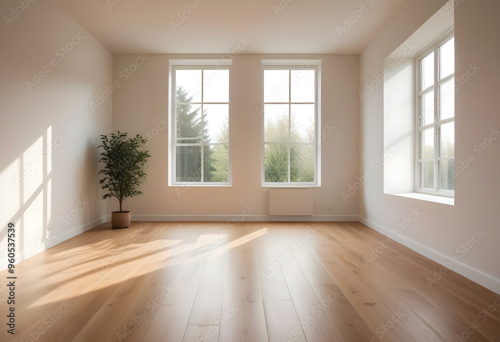 A minimalist room with a wooden floor and a soft, diffused light coming through a window, creating a serene and calming atmosphere A minimalist room with a wooden floor and a soft, diffused light coming through a window, creating a serene and calming atmosphere