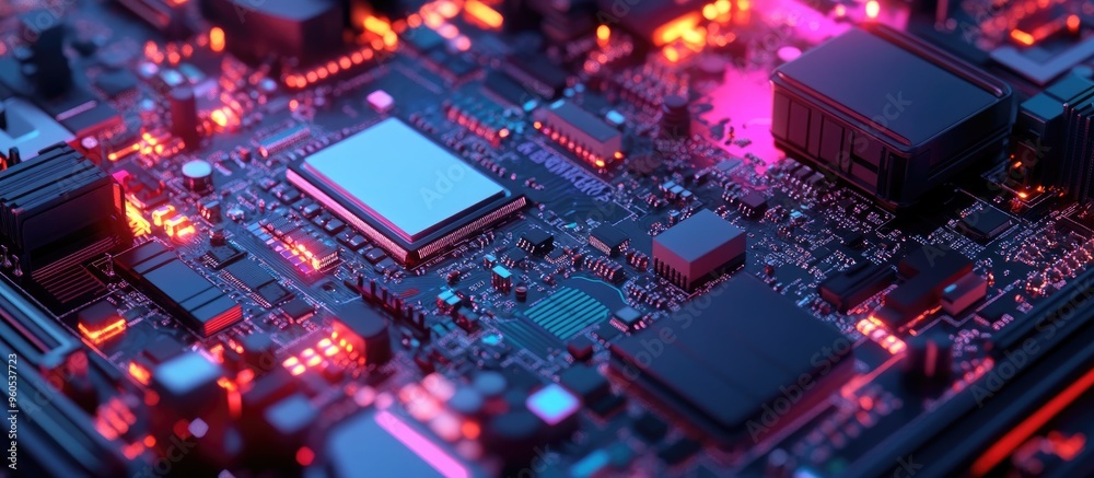 Close up of electronic components on a motherboard Showcasing advanced technology and modern computing equipment Close up of electronic components on a motherboard Showcasing advanced technology and modern computing equipment