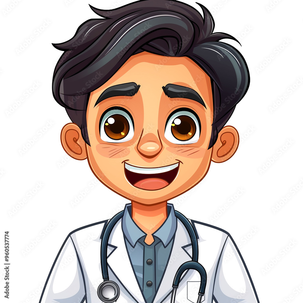 A cheerful young doctor in a white coat smiles warmly at the camera with confidence A cheerful young doctor in a white coat smiles warmly at the camera with confidence