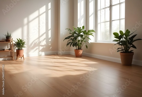 A minimalist room with a wooden floor and a soft, diffused light coming through a window, creating a serene and calming atmosphere