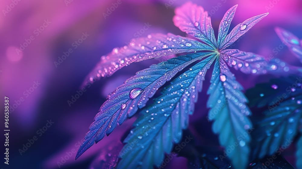 Obraz premium A marijuana leaf close-up with vivid colors and dew drops, showcasing its natural beauty and detail