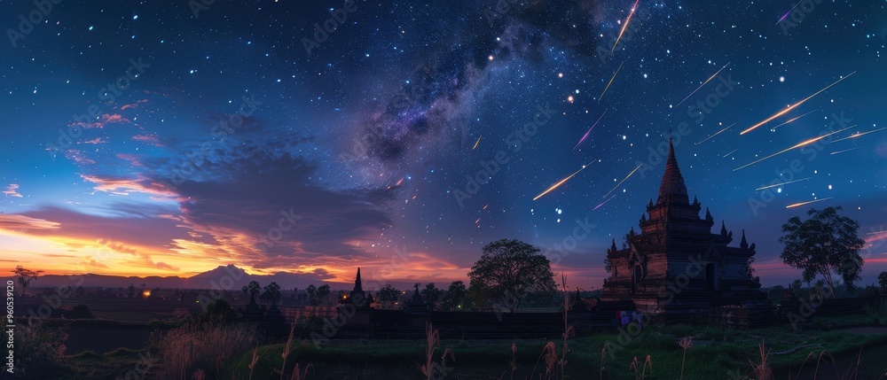 Celestial Spectacle: Stunning Photograph of a Meteor Shower Dancing Above an Ancient Historic Temple Celestial Spectacle: Stunning Photograph of a Meteor Shower Dancing Above an Ancient Historic Temple