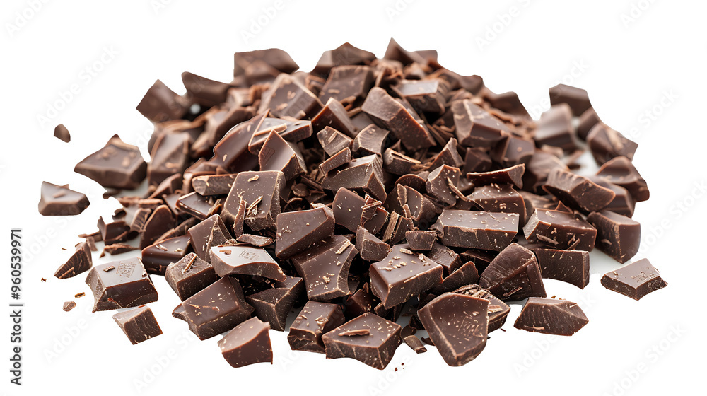 Fototapeta premium Pile chopped, milled dark chocolate isolated on white, top view