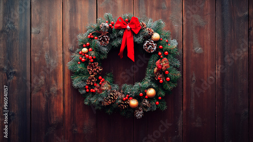 Christmas wreath with red and golden balls and red bow on a brown wooden door. Pine branches with cones on a wooden background. New year decoration. Wooden planks