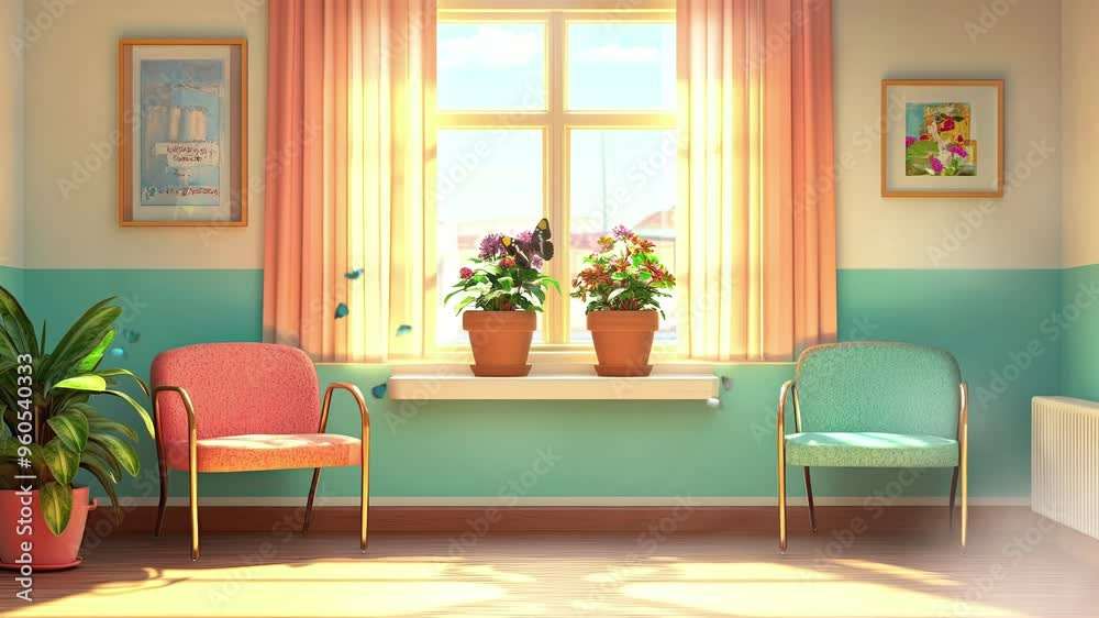 waiting room with chairs and a pot of flowers next to the window. cartoon animation background. waiting room with chairs and a pot of flowers next to the window. cartoon animation background.