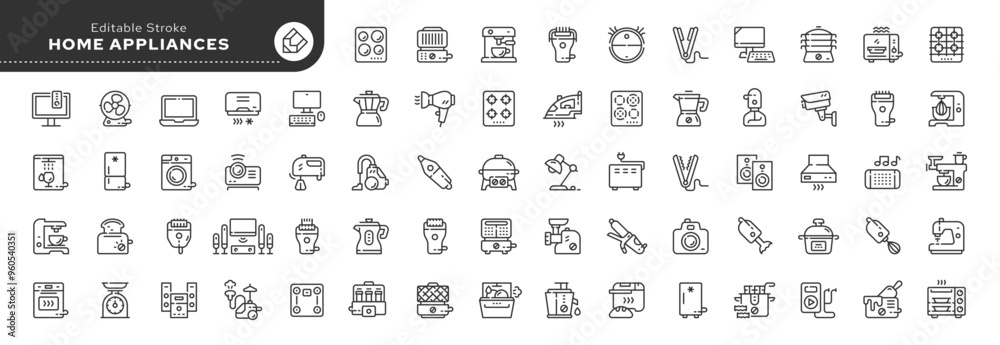 Home appliances line icon set. Household appliances, equipment, electrical appliances and devices for the home. Outline vector icon in linear style. Conceptual pictogram collection. Home appliances line icon set. Household appliances, equipment, electrical appliances and devices for the home. Outline vector icon in linear style. Conceptual pictogram collection.