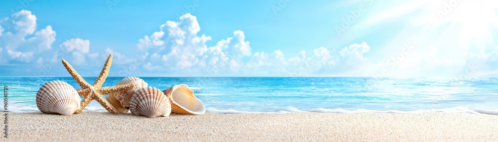 A serene beach scene featuring seashells on soft sand with a vibrant blue ocean and fluffy clouds under a bright sky. A serene beach scene featuring seashells on soft sand with a vibrant blue ocean and fluffy clouds under a bright sky.