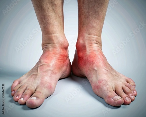 Close-up images showing swollen and inflamed feet with noticeable redness, representing medical conditions such as edema, gout, or injury. 