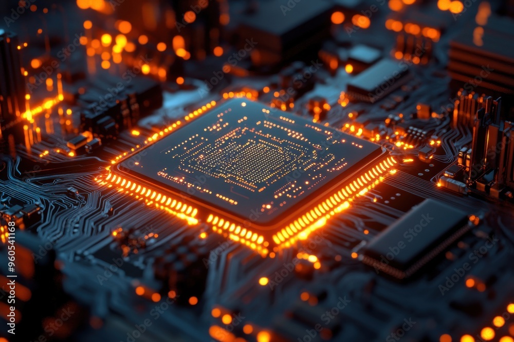 In-depth look at a modern processor on a printed circuit board, illuminated by vibrant orange lighting showcasing advanced tech and intricate designs In-depth look at a modern processor on a printed circuit board, illuminated by vibrant orange lighting showcasing advanced tech and intricate designs
