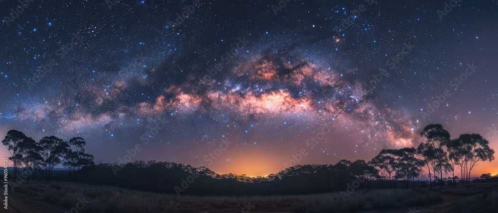 Naklejka premium Mystical Milky Way: Astounding Image of Cosmic Beauty Blanketing Forest in Night Sky - Perfect for Astrophotography Enthusiasts